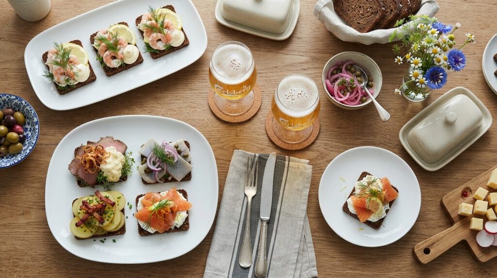 Flat lay food styling of small Danish appetizers and party s