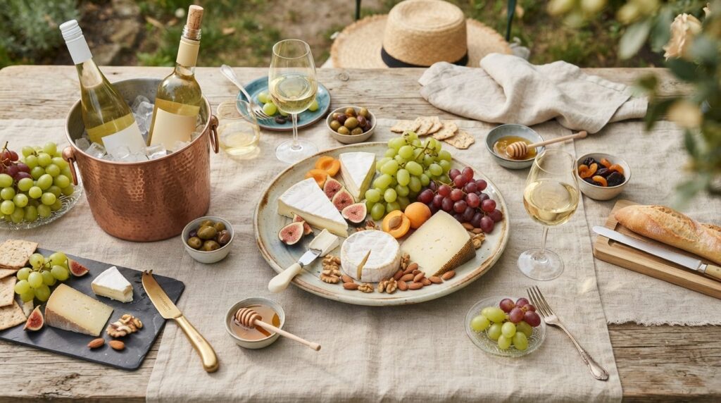Overhead shot of a wine and cheese pairing setup for summer 