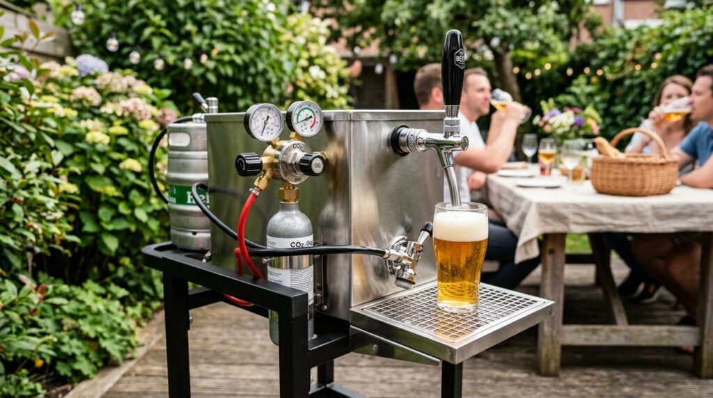 Close-up of a professional mobile beer keg dispenser unit wi