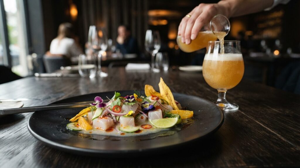 Restaurant plating photograph of white fish ceviche with fre