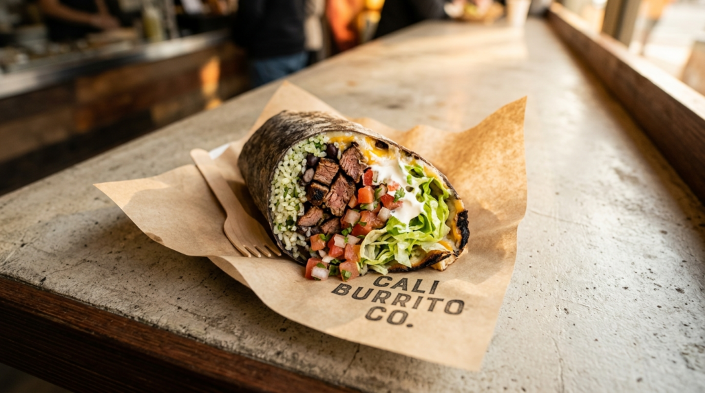 Close-up overhead shot of a freshly prepared Mexican burrito