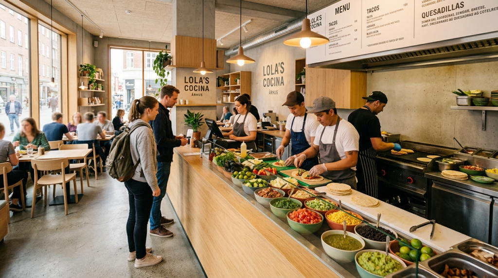 Wide angle restaurant scene of a modern casual Mexican eater