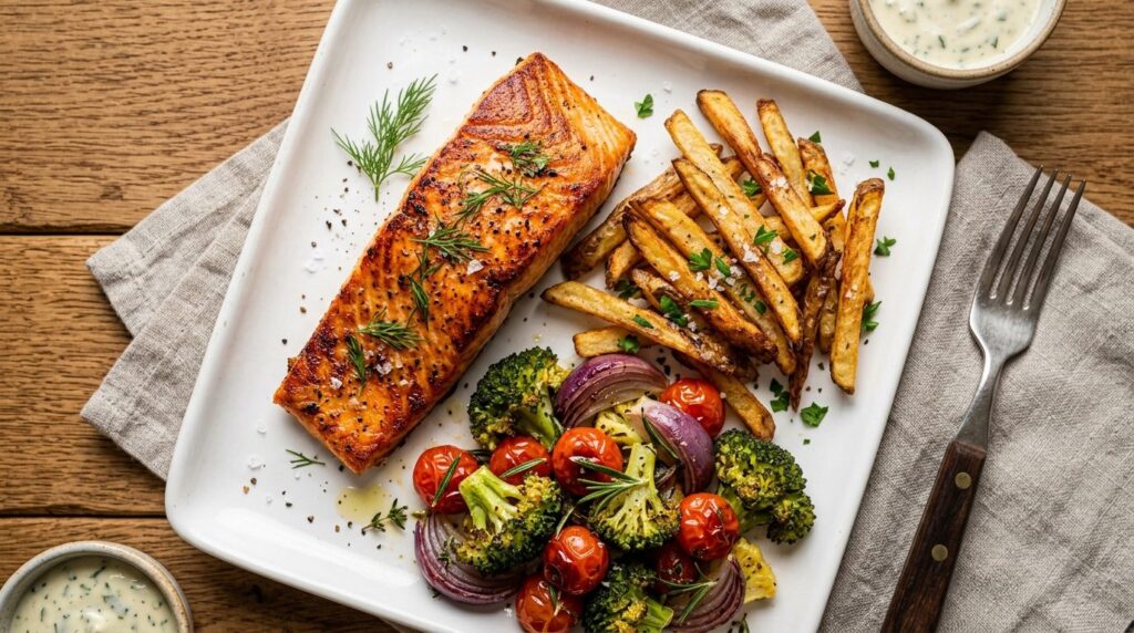 Close-up flat lay of restaurant dishes prepared in an air fr