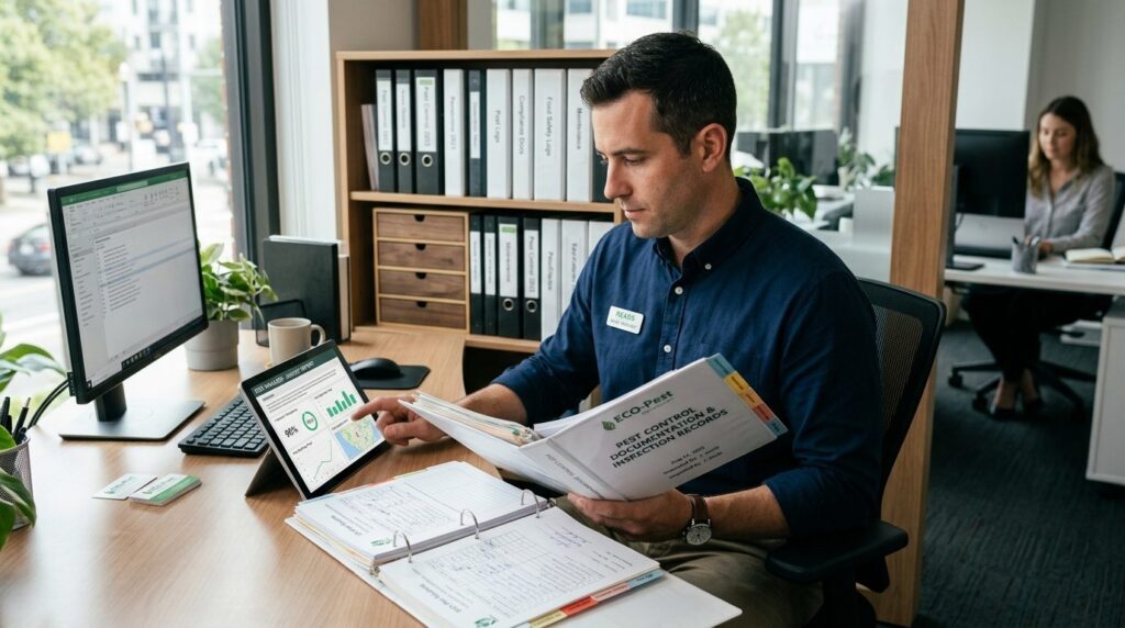 Restaurant manager reviewing pest control documentation fold