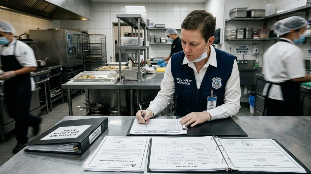 Food safety inspector examining pest control certification d