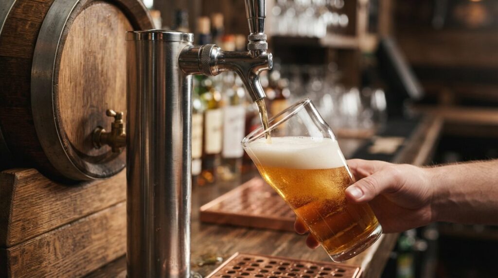 Close-up detailed shot of a draft beer tap system being held