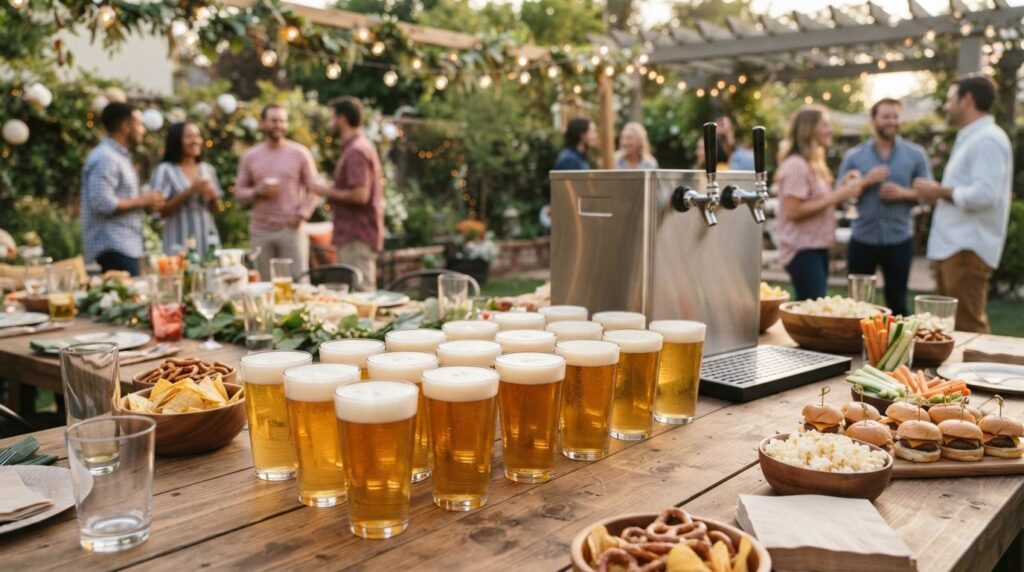 Wide shot of multiple perfectly poured draft beers with idea