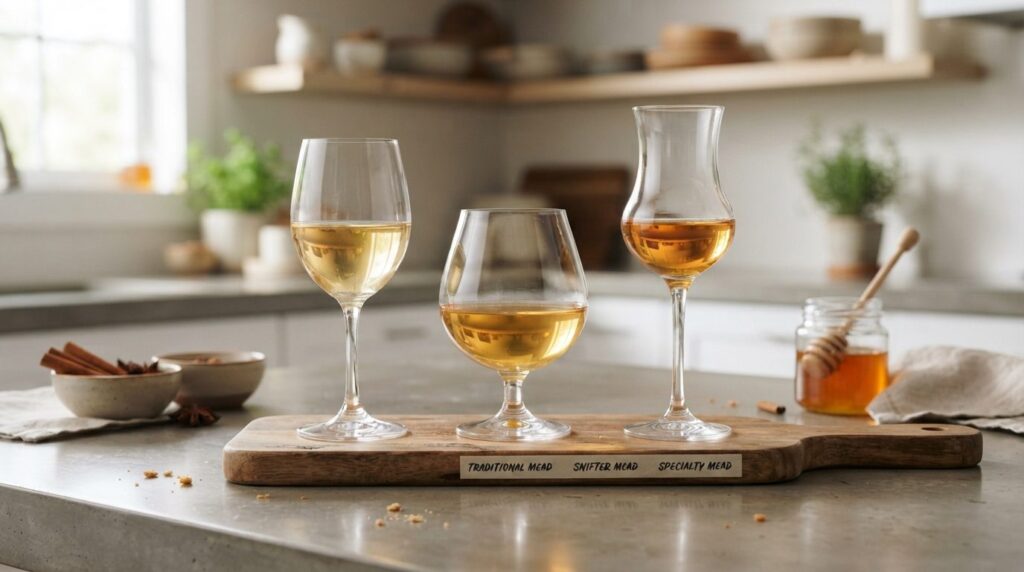 Side-by-side comparison photography of mead served in differ